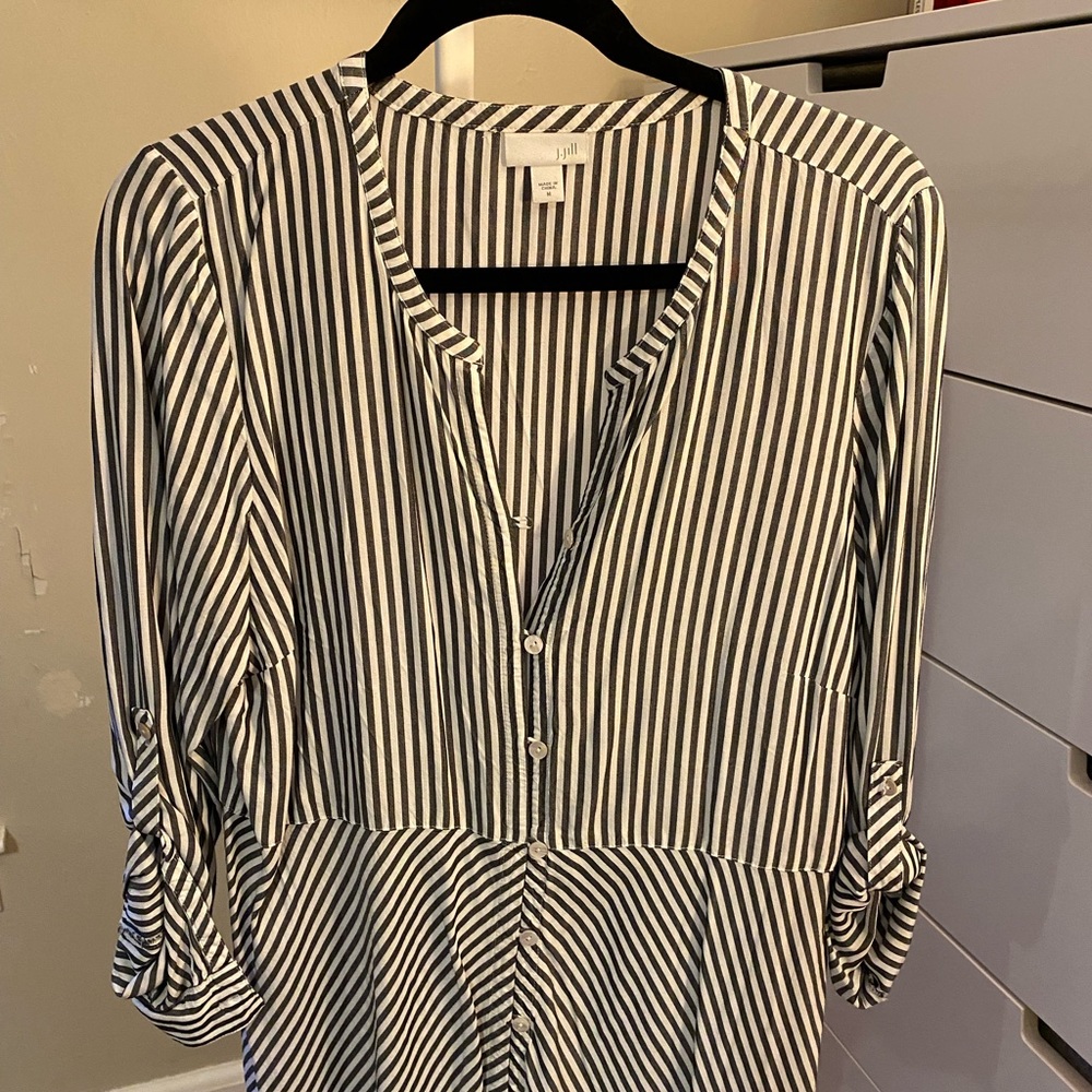 Grey and white striped tunic style blouse with roll up sleeves